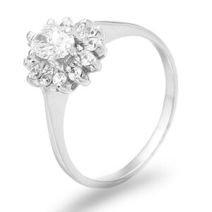 Anel ouro branco estilo flor com pedras