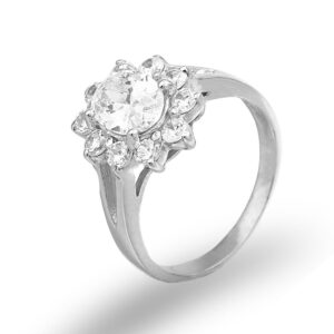 Anel ouro branco estilo solitário em forma de flor