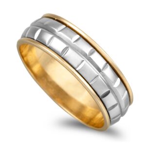 Aliança base ouro amarelo com centro oiro branco lapidado 7mm