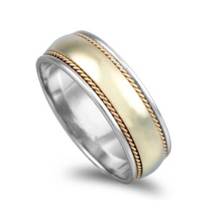 Aliança ouro branco com centro em ouro verde com 7mm de largura