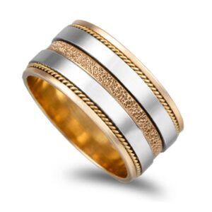 Aliança dupla bicolor com acabamento picotado 8,5mm de largura
