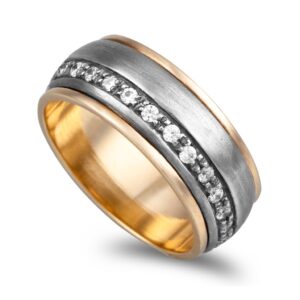 Aliança base ouro amarelo centro ouro branco com zircónias 8mm