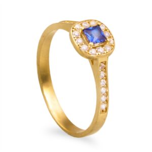 Anel em ouro amarelo com pedra azul quadrada