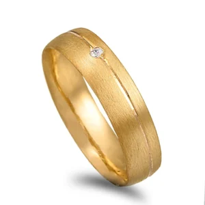 Aliança amendoa em ouro amarelo acetinado com friso e pedra - 5mm