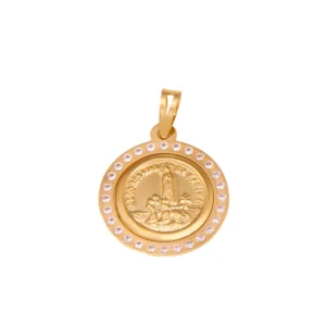 Medalha religiosa redonda em ouro 19.2kl com pedras