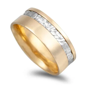 Aliança Bicolor Com Filé Em Ouro Branco Martelado 7mm