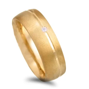Aliança ouro amarelo acetinado com friso e pedra - 6mm