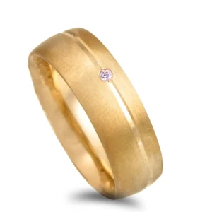 Aliança ouro amarelo acetinado com friso lateral e pedra - 7mm