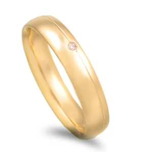 Aliança ouro amarelo polido com friso lateral e pedra – Amêndoa Leve 4mm