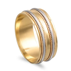 Aliança bicolor trabalhada em ouro de 9kl - 6,5mm