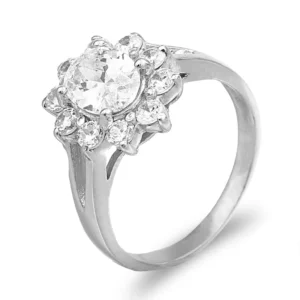 Anel ouro branco estilo solitário em forma de flor