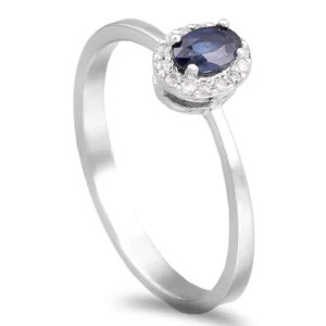 Anel ouro branco com Safira oval e Diamantes