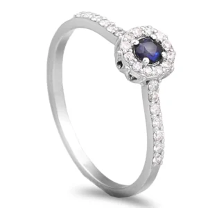 Anel ouro branco com Safira e Diamantes