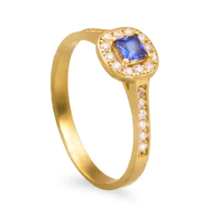 Anel em ouro amarelo com pedra azul quadrada