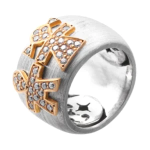 Anel Em Prata 925 E Ouro 9KL Com Bonecos E Zircónias