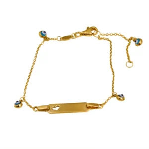 Pulseira em prata dourada de lei com chapa e olho turco