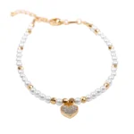 PULSEIRA COM PÉROLAS E PENDENTE DE CORAÇÃO EM PRATA DOURADA E ZIRCÓNIAS