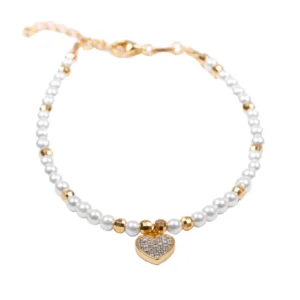 PULSEIRA COM PÉROLAS E PENDENTE DE CORAÇÃO EM PRATA DOURADA E ZIRCÓNIAS