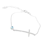 PULSEIRA COM CRUZ EM PRATA COM OLHO TURCO E ZIRCÓNIAS