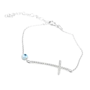 PULSEIRA COM CRUZ EM PRATA COM OLHO TURCO E ZIRCÓNIAS