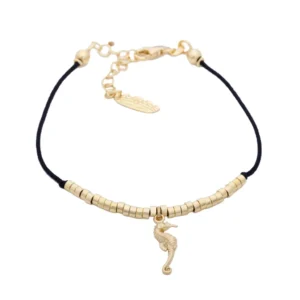 PULSEIRA EM FIO PRETO COM CAVALO MARINHO EM PRATA DOURADA